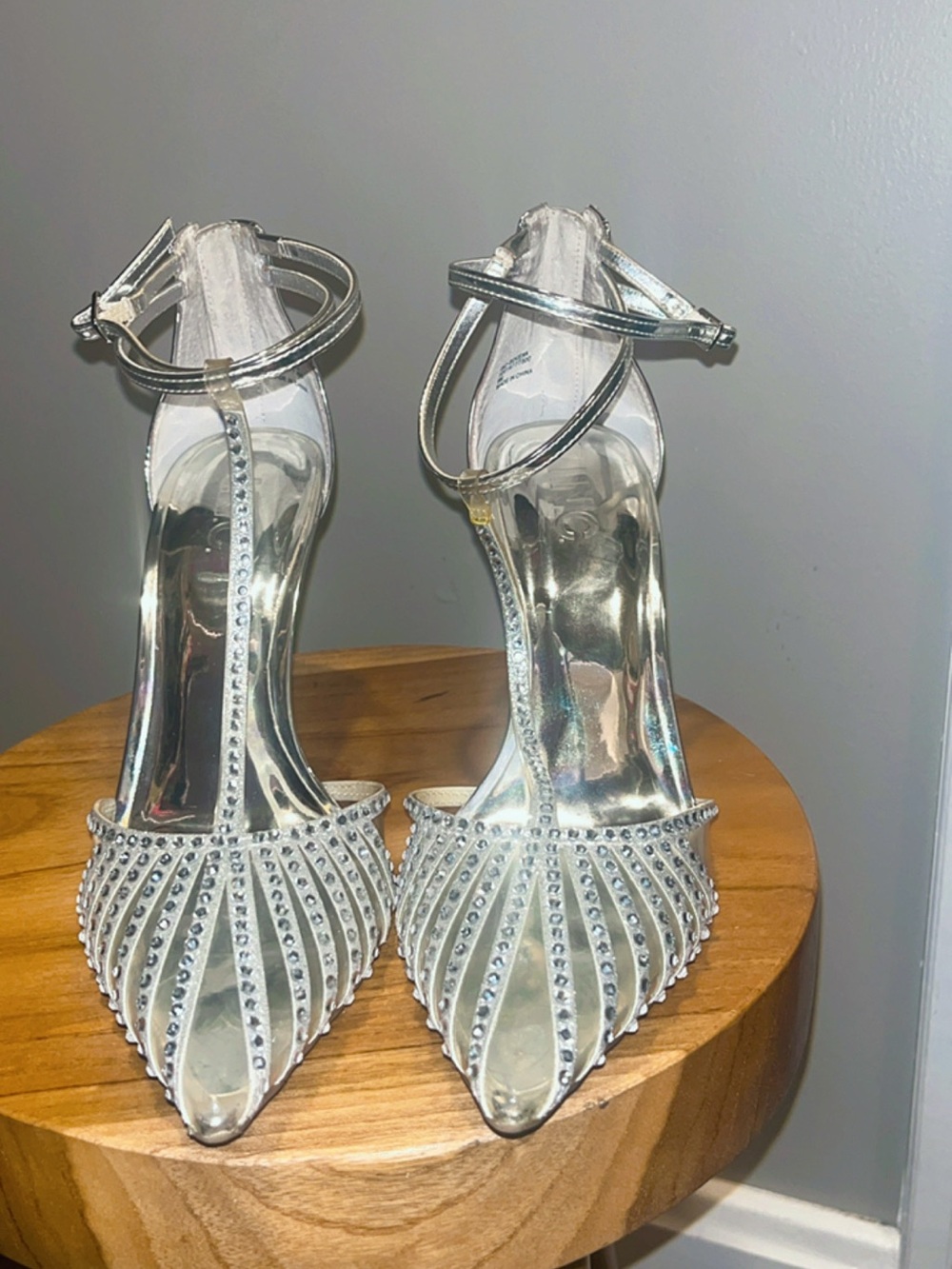 Silver Rhinestone Pointed-Toe Ankle-Strap Heels